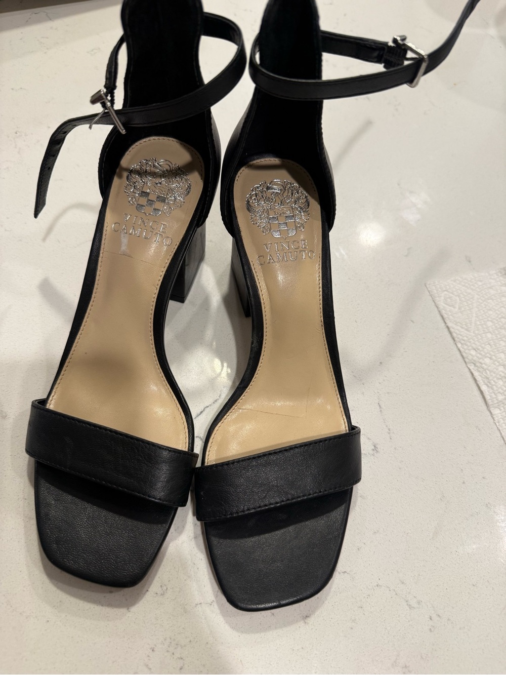 Vince Camuto Black Leather Open-Toe Block Heel Sandals